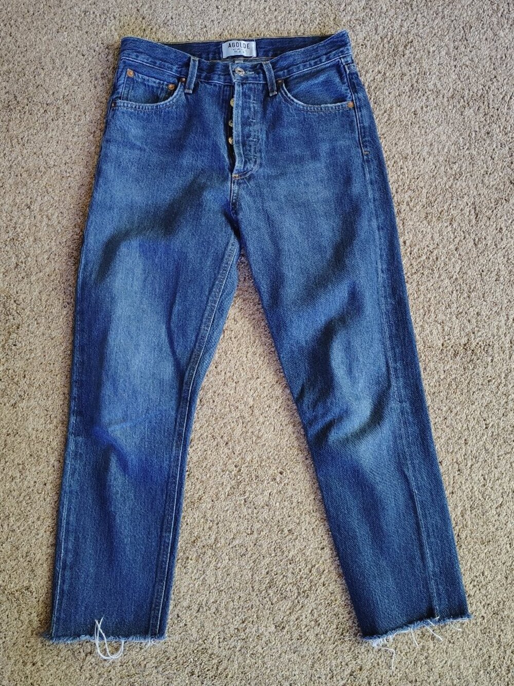 Agolde Jeans Women's Blue Medium Wash Denim Straight Leg Frayed Hem Size 24